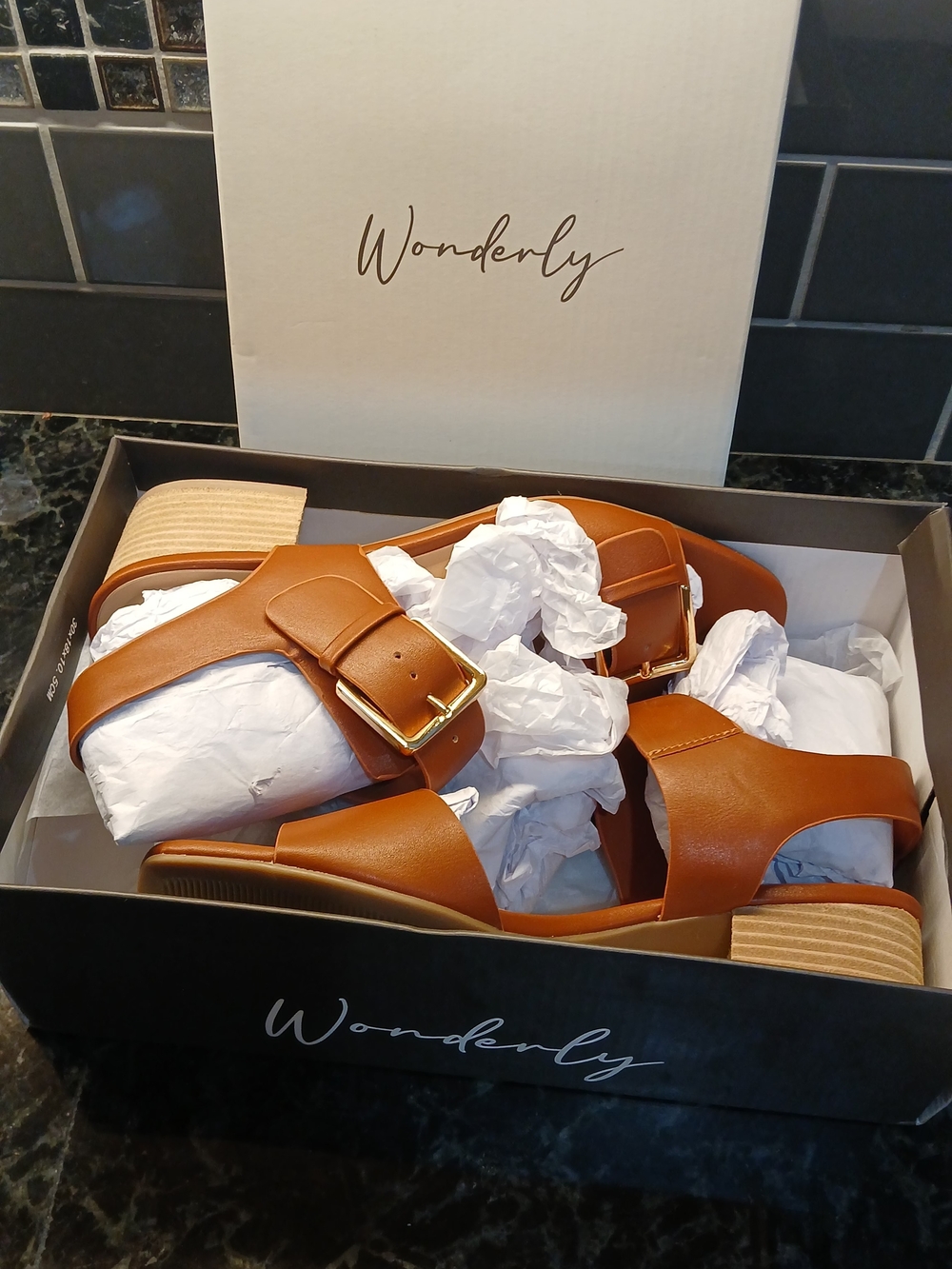 Brand New In Box, Wonderly Tan Leather Buckle Sandals for Women, Size 8.